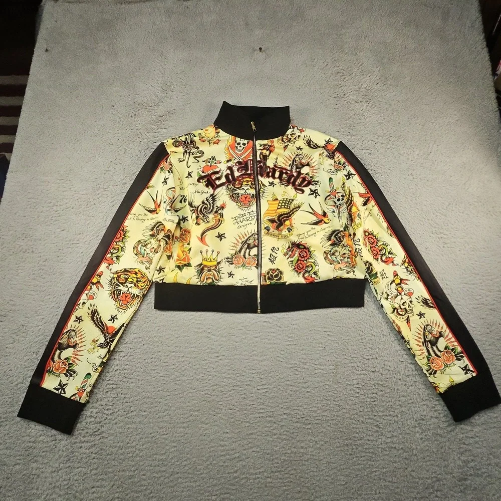 Ed Hardy Track Jacket Womens XL Shrunken Flashboard Multi Tattoo Cropped Y2K AOP